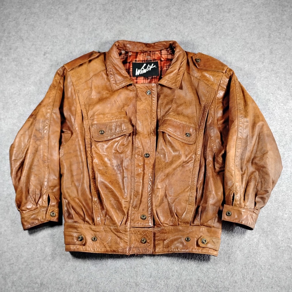 Winit Vintage Mens Brown Genuine Leather Flight Bomber Jacket Plaid Lined Size M